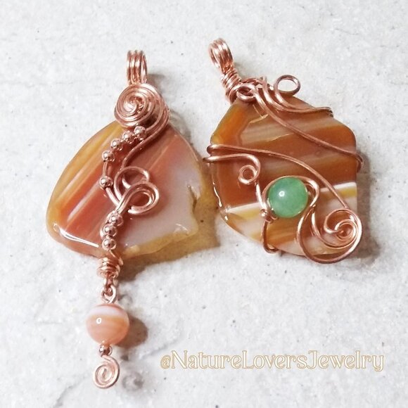 Sleek Copper Wire Wrap! Banded Agate + Green Aventurine Pendant - Casual Chic! - Picture 7 of 10